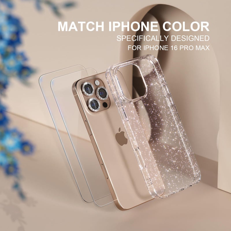 Choiche Compatible for iPhone 16 Pro Max Case Women Phone Case, Cute Bling Sparkly, Military Grade Protection, 3 Diamond Camera Lens Covers, 2 Tempered Glass Protectors, 6.9 inch (Glitter Clear) - Image 2
