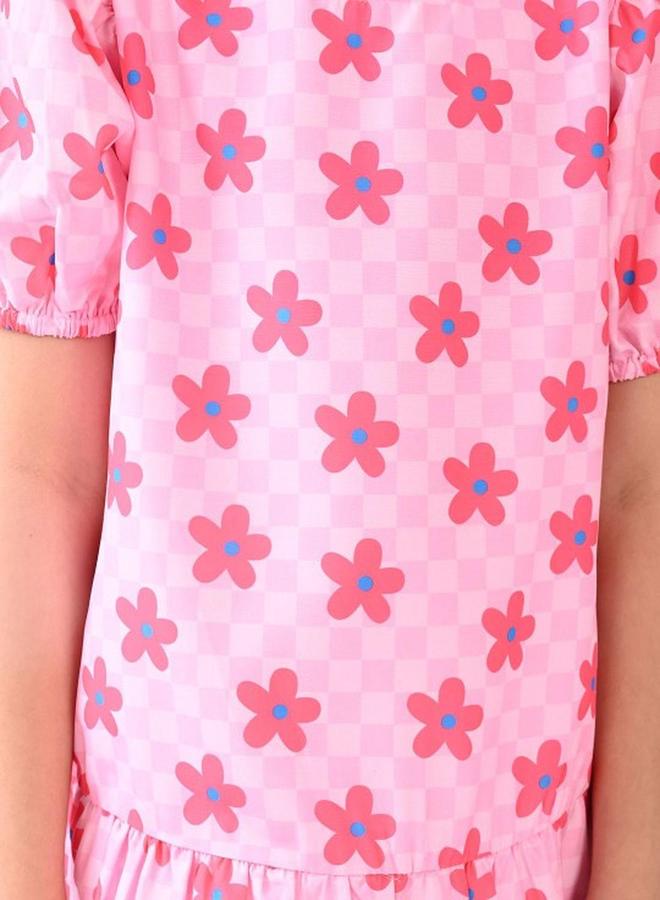 بونكيدز فستان بناتي قطن مطبوع وردي متعدد الألوان بقصة عادية - Image 3