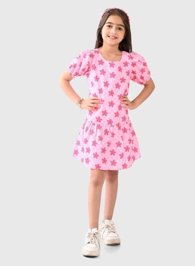 Bonkids Girl's Pink & Multicolour 100% Cotton Printed Regular Fit Dress
