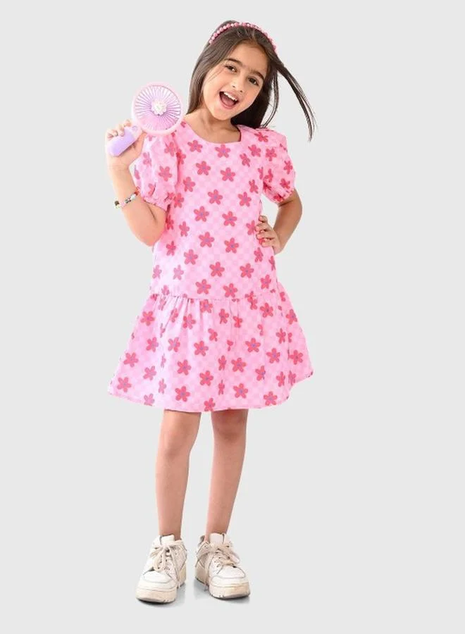Bonkids Girl's Pink & Multicolour 100% Cotton Printed Regular Fit Dress