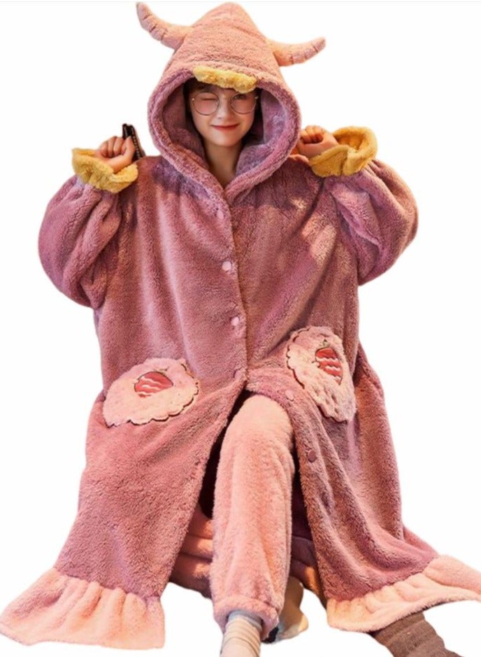 KUYING Velvet and Thickened Nightgown Cute Cartoon Home Fur Set