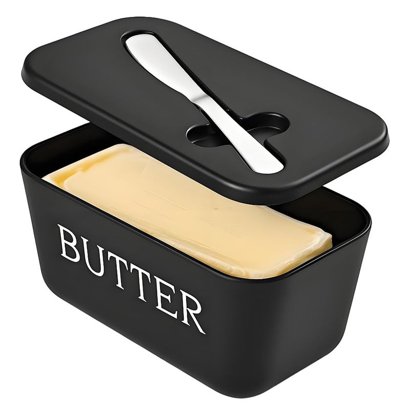 Dehov Large Plastic Butter Dish With Lid And Knife,Food Grade PP Butter Holder Keeper With Cover For Kitchen Refrigerator Black Butter Container - Image 1