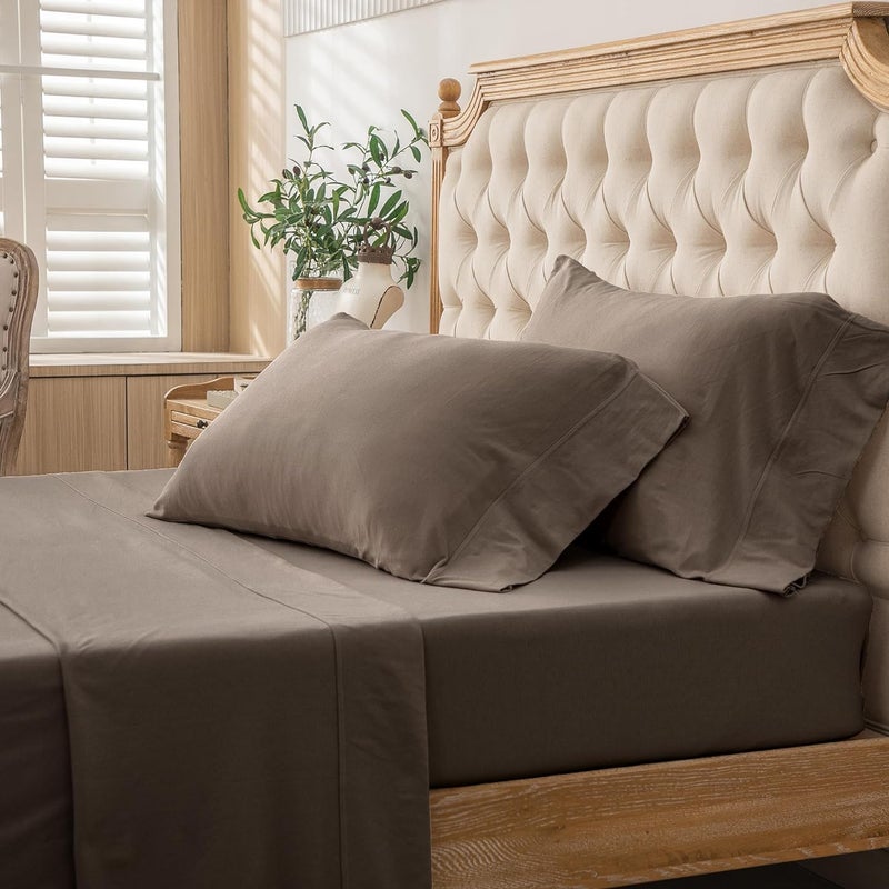 PURE ERA PURE ERA Jersey Knit 4pc Bed Sheet Set 100% T-Shirt Cotton Super Soft Comfy Breathable Fits Mattress Up to 20"" Extra Deep Pocket (New Solid Brown  King)  - Image 4