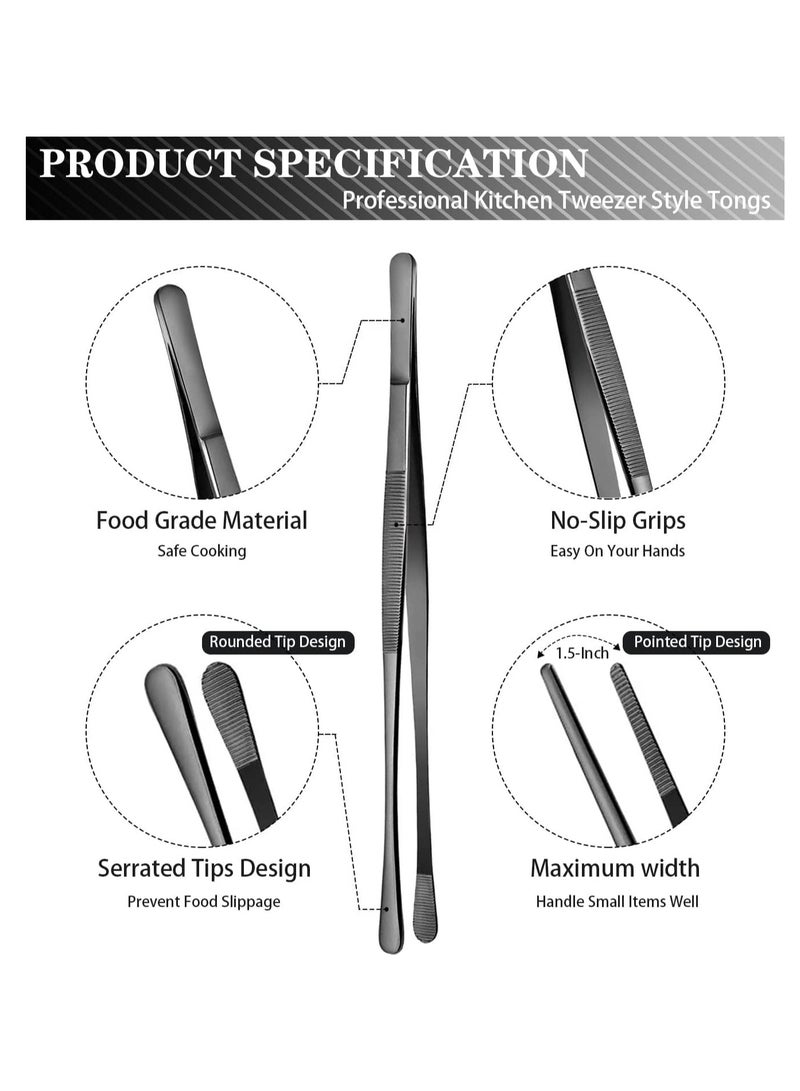KASTWAVE ملقط طهي، فولاذ مقاوم للصدأ 12 بوصة ملقط دائري الرأس حاد مع أسنان دقيقة لتزيين الخبز، الطهي في المطبخ، شواء المأكولات البحرية 2 قطعة، أسود - Image 2
