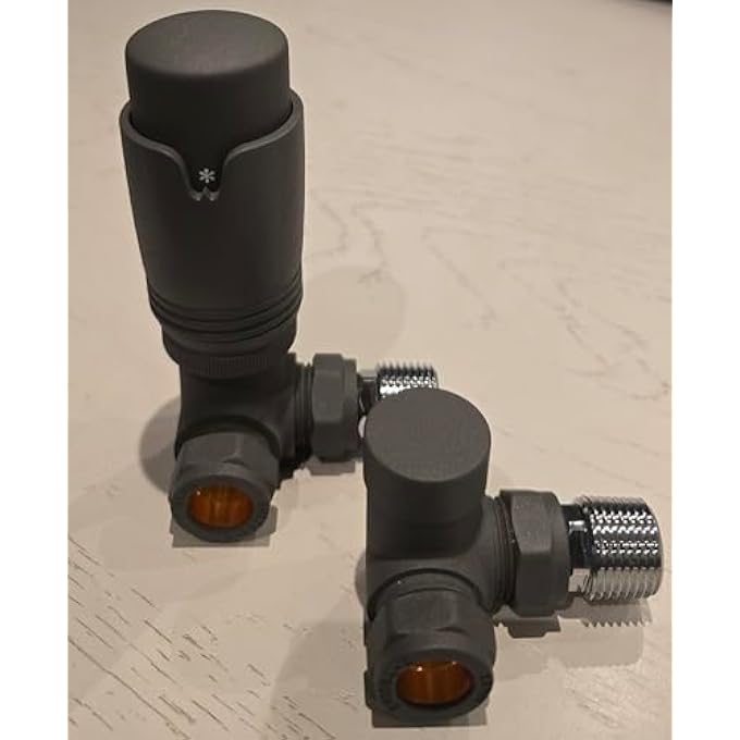 ANTHRACITE GREY CORNER TRV THERMOSTATIC RADIATOR VALVE & LOCKSHIELD 15MM PACK SET PAIR - Image 2