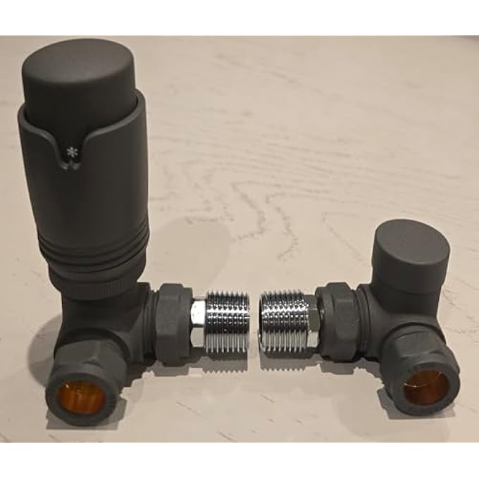 ANTHRACITE GREY CORNER TRV THERMOSTATIC RADIATOR VALVE & LOCKSHIELD 15MM PACK SET PAIR - Image 1