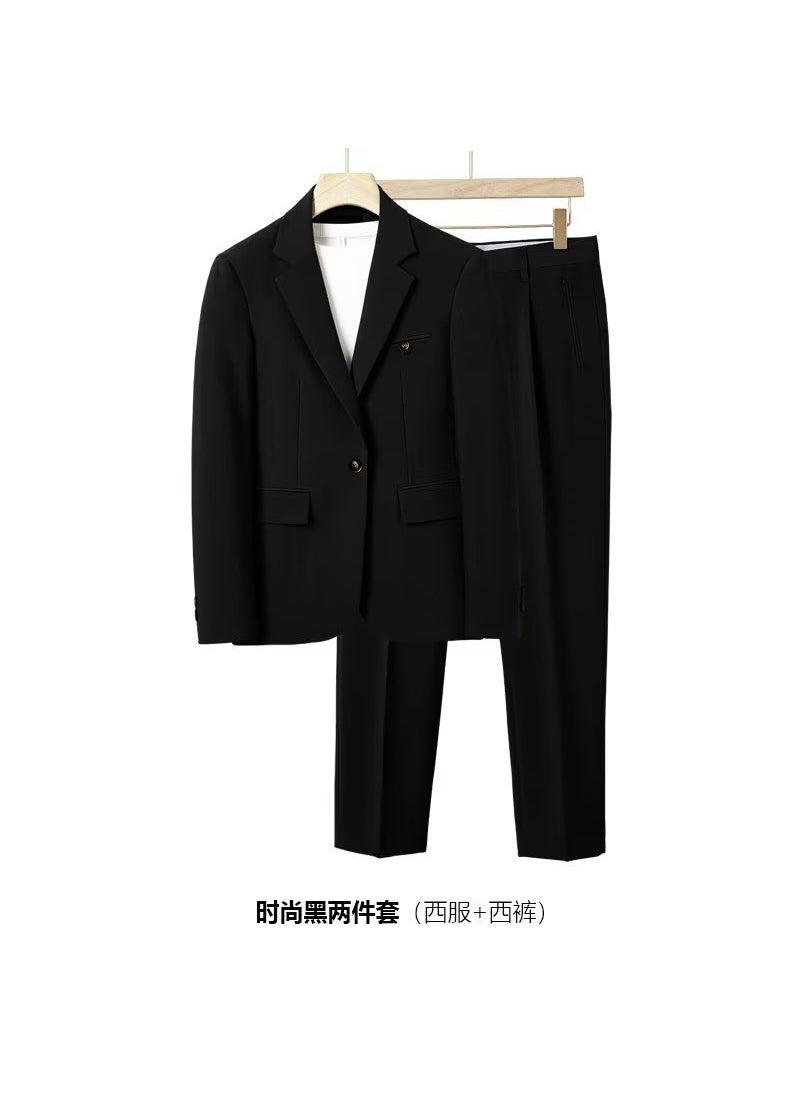 Generic Spring Summer Casual Drapey Loose Style Mens Suit Korean Fashion Trend High End Feelings Western Coat Casual Scene Black [set] 