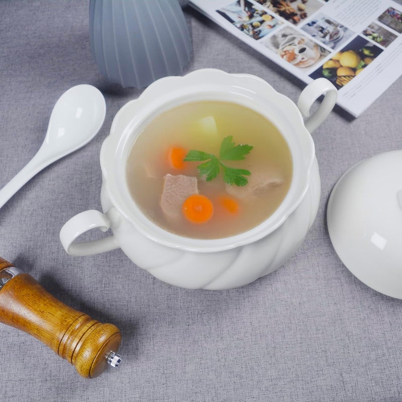 dingdaer Ceramic Serving Soup Tureen Bowls with Lid and soup spoon, 2.1 QT White French Serving Tureen, Lovely Soup Pot for Casserole dish Salad Pasta Noodles Stew, Microwave Dishwasher Safe - Image 5