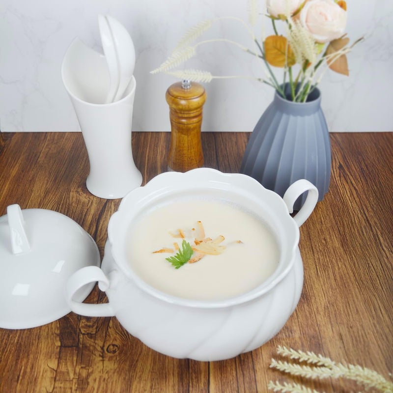 dingdaer Ceramic Serving Soup Tureen Bowls with Lid and soup spoon, 2.1 QT White French Serving Tureen, Lovely Soup Pot for Casserole dish Salad Pasta Noodles Stew, Microwave Dishwasher Safe - Image 4