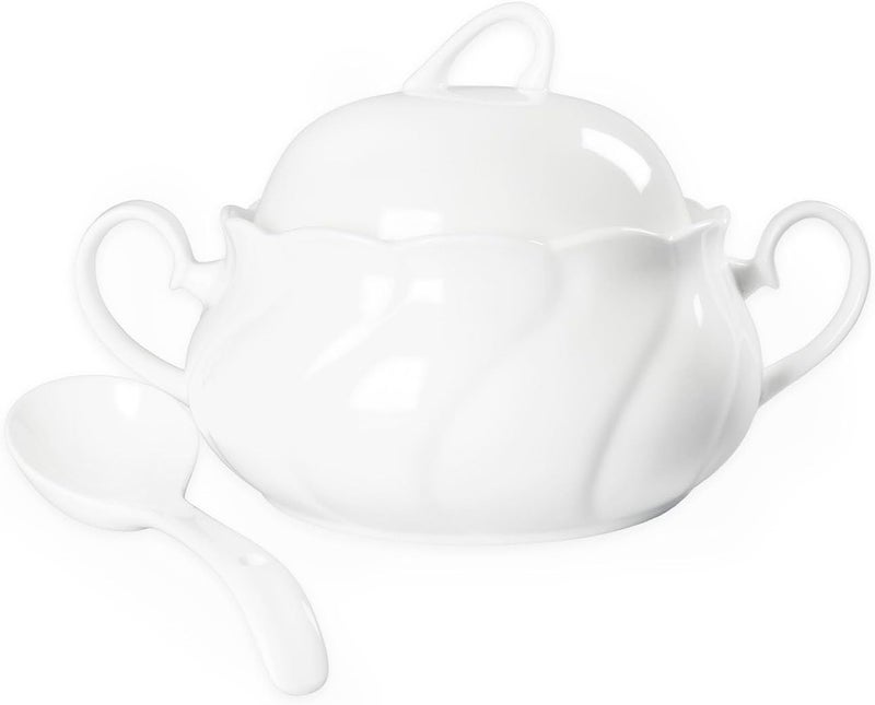 dingdaer Ceramic Serving Soup Tureen Bowls with Lid and soup spoon, 2.1 QT White French Serving Tureen, Lovely Soup Pot for Casserole dish Salad Pasta Noodles Stew, Microwave Dishwasher Safe - Image 1