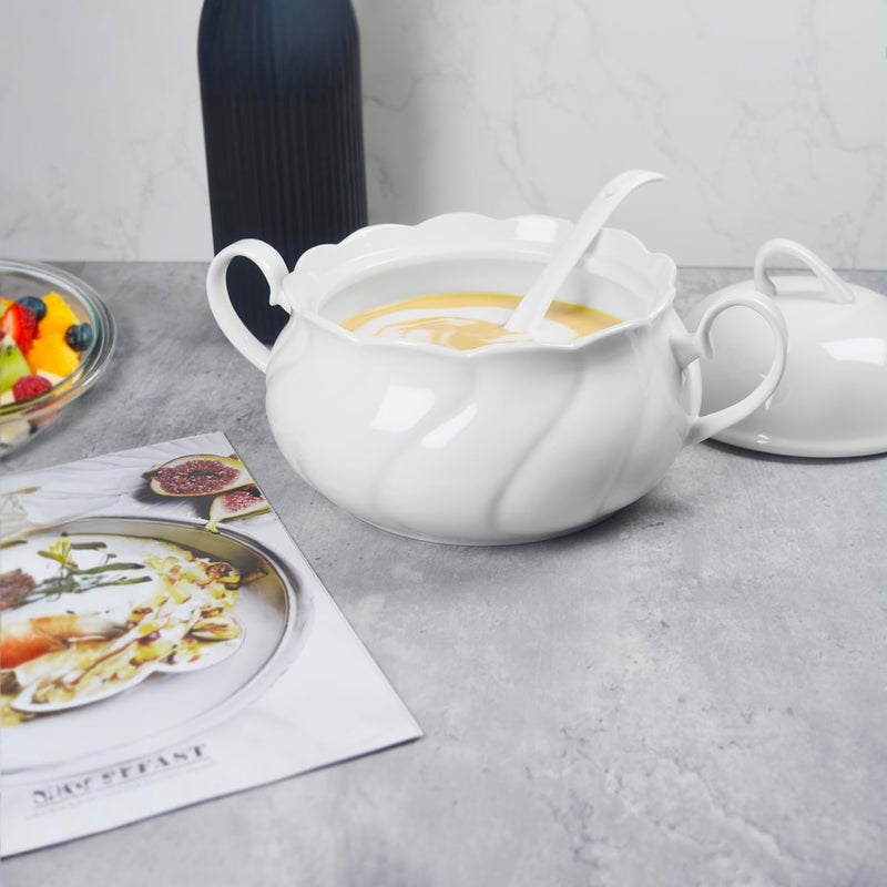 dingdaer Ceramic Serving Soup Tureen Bowls with Lid and soup spoon, 2.1 QT White French Serving Tureen, Lovely Soup Pot for Casserole dish Salad Pasta Noodles Stew, Microwave Dishwasher Safe - Image 2