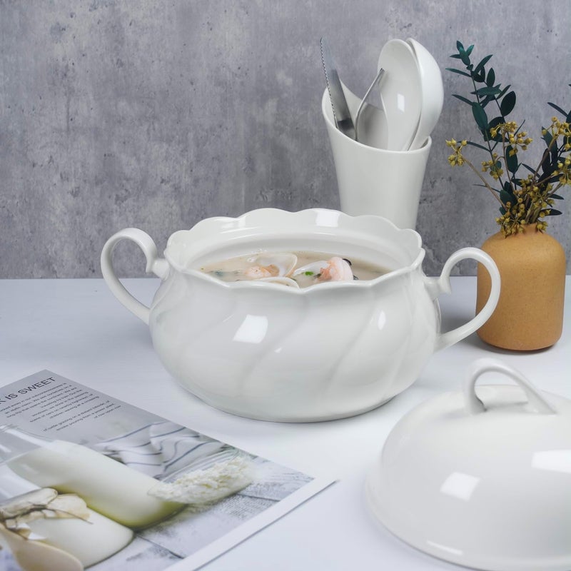 dingdaer Ceramic Serving Soup Tureen Bowls with Lid and soup spoon, 2.1 QT White French Serving Tureen, Lovely Soup Pot for Casserole dish Salad Pasta Noodles Stew, Microwave Dishwasher Safe - Image 3
