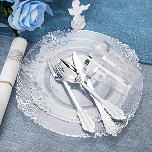 FLOWERCAT 175PCS Clear Silver Plastic Plates -Include 50 Plates, 25 Cups, 25 Forks, 25 Knives, 25 Spoons, 25Napkins for Wedding & Party&New Year - Image 5
