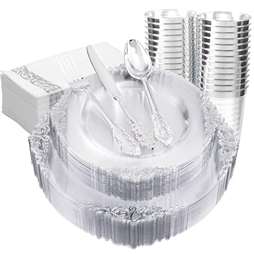 FLOWERCAT 175PCS Clear Silver Plastic Plates -Include 50 Plates, 25 Cups, 25 Forks, 25 Knives, 25 Spoons, 25Napkins for Wedding & Party&New Year - Image 1