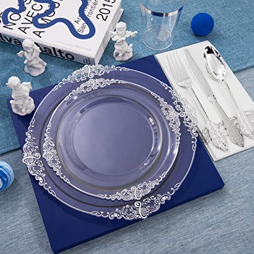 FLOWERCAT 175PCS Clear Silver Plastic Plates -Include 50 Plates, 25 Cups, 25 Forks, 25 Knives, 25 Spoons, 25Napkins for Wedding & Party&New Year - Image 3