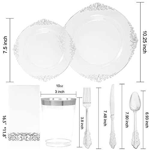 FLOWERCAT 175PCS Clear Silver Plastic Plates -Include 50 Plates, 25 Cups, 25 Forks, 25 Knives, 25 Spoons, 25Napkins for Wedding & Party&New Year - Image 2