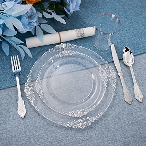 FLOWERCAT 175PCS Clear Silver Plastic Plates -Include 50 Plates, 25 Cups, 25 Forks, 25 Knives, 25 Spoons, 25Napkins for Wedding & Party&New Year - Image 4