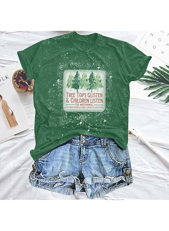 إيروريكس تي شيرت نسائي بأكمام قصيرة ورقبة دائرية ورسومات عيد ميلاد سعيد، ملابس كاجوال للعطلات الشتوية - Image 3