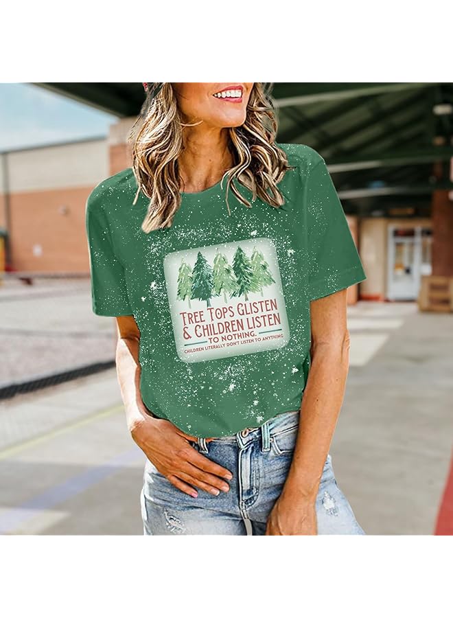 إيروريكس تي شيرت نسائي بأكمام قصيرة ورقبة دائرية ورسومات عيد ميلاد سعيد، ملابس كاجوال للعطلات الشتوية - Image 2