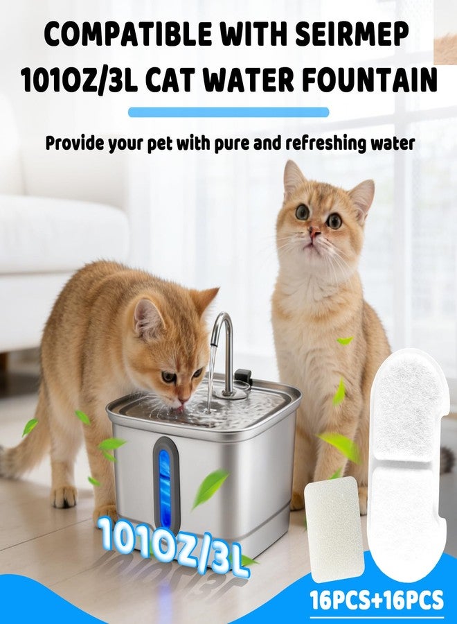 Kamrexi 16+16 Pack Cat Water Fountain Filter Replacements Compatible with SEIRMEP 101oz/3L Stainless Steel Cat Water Fountain, Includes 16 Filters & 16 Pre-Filter Sponges - Image 2