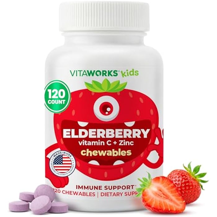 VitaWorks Kids Elderberry Vitamin C and Zinc - Great Tasting Strawberry Flavor Sambucus Elderberry Immune Support for Kids - Made in USA, Vegan, Kosher, Non-GMO - 120 Black Elderberry Chewables - Image 1