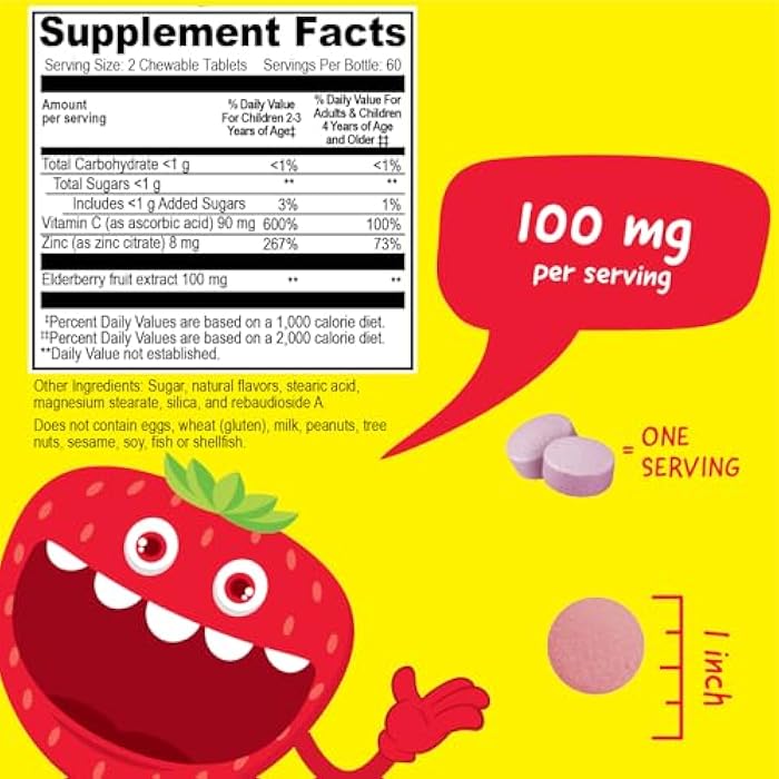 VitaWorks Kids Elderberry Vitamin C and Zinc - Great Tasting Strawberry Flavor Sambucus Elderberry Immune Support for Kids - Made in USA, Vegan, Kosher, Non-GMO - 120 Black Elderberry Chewables - Image 2