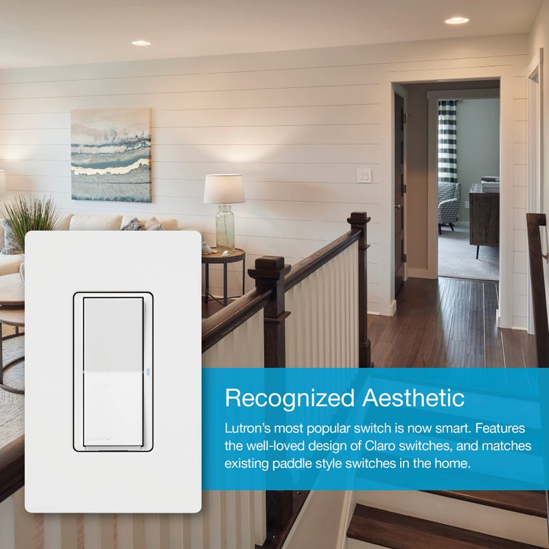 Lutron Claro Smart Light Switch w/ Wall Plate for Caseta Lighting, for LED Lights, Fans, 5 Amp, Single-Pole/3-Way, Neutral Required, DVRFW-5NS-WH-A, White - Image 3