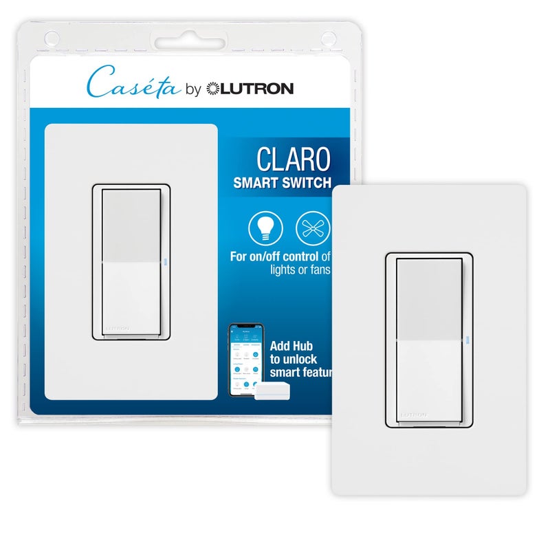Lutron Claro Smart Light Switch w/ Wall Plate for Caseta Lighting, for LED Lights, Fans, 5 Amp, Single-Pole/3-Way, Neutral Required, DVRFW-5NS-WH-A, White - Image 1