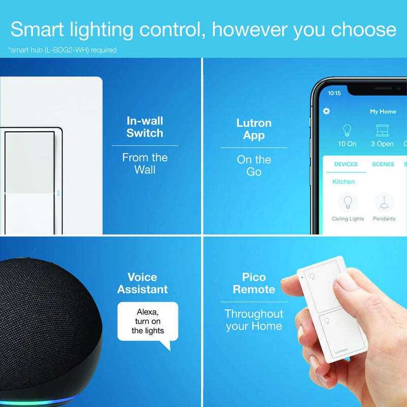Lutron Claro Smart Light Switch w/ Wall Plate for Caseta Lighting, for LED Lights, Fans, 5 Amp, Single-Pole/3-Way, Neutral Required, DVRFW-5NS-WH-A, White - Image 5