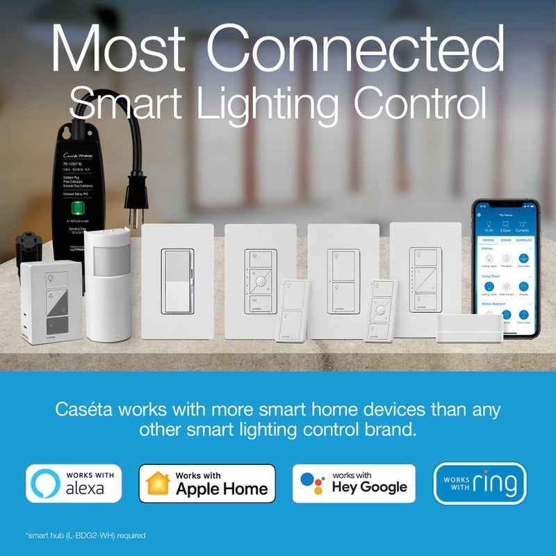 Lutron Claro Smart Light Switch w/ Wall Plate for Caseta Lighting, for LED Lights, Fans, 5 Amp, Single-Pole/3-Way, Neutral Required, DVRFW-5NS-WH-A, White - Image 2