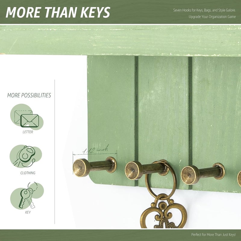 Rebee Vision Pine Wood Key Holder Wall Mount – Rustic Farmhouse Key Holder for Wall with 7 Sturdy Hooks for Hats, Leashes & Small Essentials – Stylish Apartment Essentials Decor(Green) - Image 5