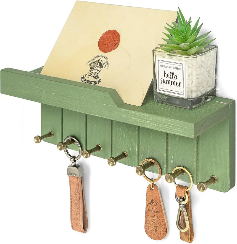 Rebee Vision Pine Wood Key Holder Wall Mount – Rustic Farmhouse Key Holder for Wall with 7 Sturdy Hooks for Hats, Leashes & Small Essentials – Stylish Apartment Essentials Decor(Green) - Image 1