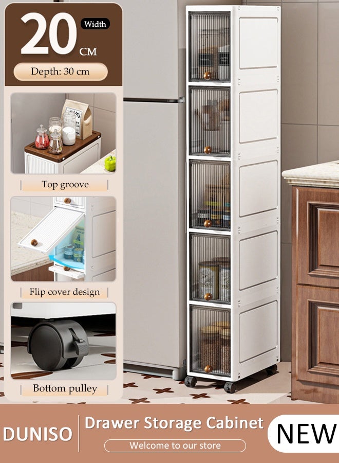 DUNISO 5-Tier Narrow Storage Cabinet with Movable Wheels Can Brake, 90 ° Flip Panel Moisture-Proof Dust-Proof Slim Plastic Organizer for Bathroom,Kitchen, Laundry, Ideal for Small Spaces - Image 1