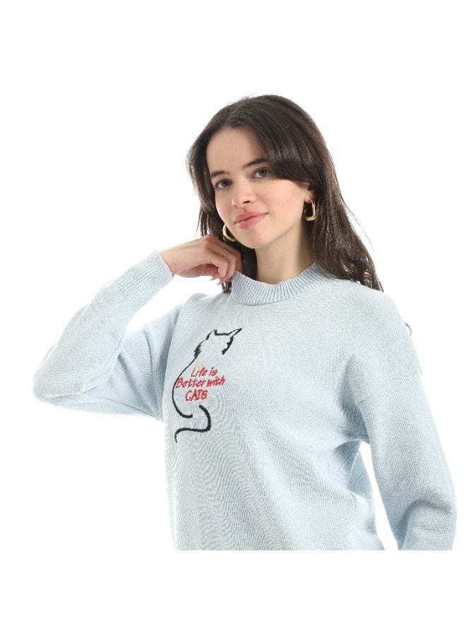 سيزار بلوفر صوف حريمي برقبة دائرية ومزود بتطريز علي الصدر - Image 4