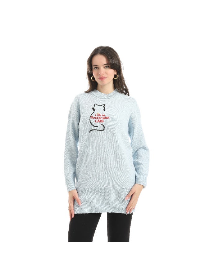 سيزار بلوفر صوف حريمي برقبة دائرية ومزود بتطريز علي الصدر - Image 1