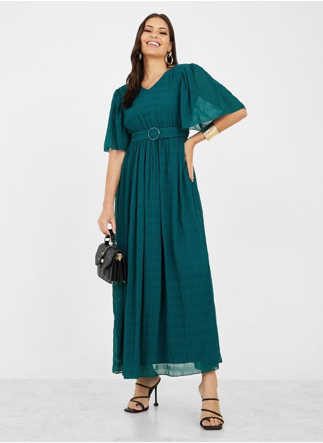 Styli - V Neck Textured Maxi Dress with Belt - Image 1