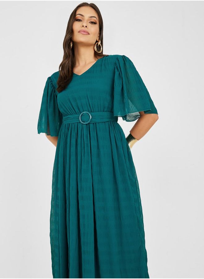 Styli - V Neck Textured Maxi Dress with Belt - Image 1