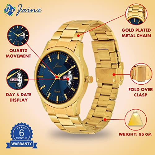 jainx Premium Gold Plated Chain Day Date Feature Gift Analog Wrist Watch for Men - JM1169 - Image 5