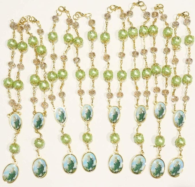 BULK 12 PC CRYSTAL SAINT JUDE CAR AUTO ROSARY WITH GIFT BAG PERFECT FOR FIRST COMMUNIONS BAPTISM WEDDING SHOWER RELIGIOUS GIFT