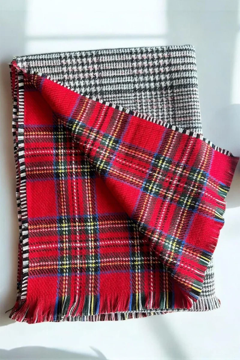 Bahels Puffy Wool Textured Double Sided Plaid Scarf Shawl