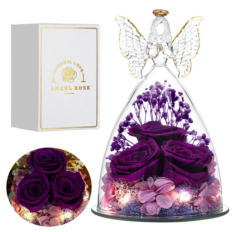 Tiaronics Mothers Day Mom Gifts for Women Preserved Flowers in Glass Angel Forever Flowers Gifts Eternal Roses Gifts for Grandma Full Purple