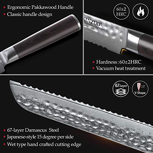 XINZUO 67 Layers Damascus Bread Slicing Knife, 8 Inch Serrated Bread Knife for Homemade Bread Sourdough,Razor Sharp,Dark Brown Pakkawood Handle - Image 4