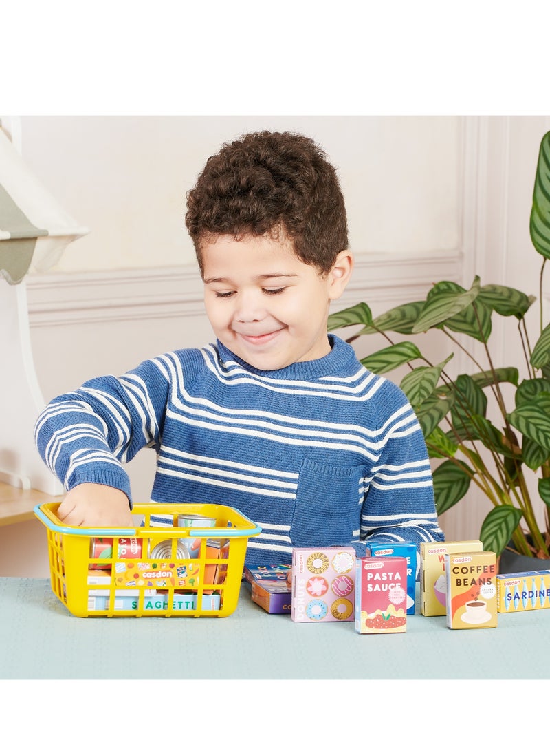 CASDON Shopping basket with food,20 Pieces with Food Cartons and Cans for Kids 3+ - Image 5