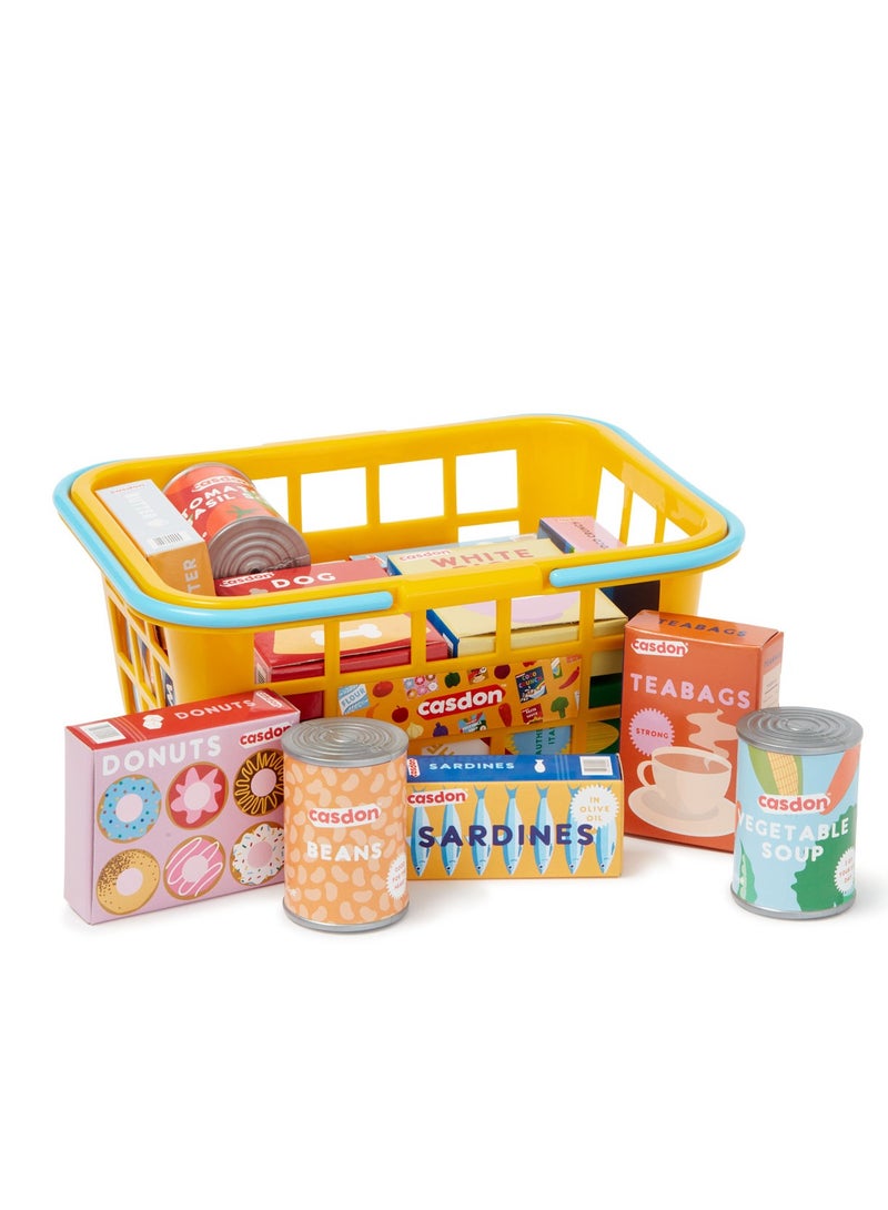 CASDON Shopping basket with food,20 Pieces with Food Cartons and Cans for Kids 3+ - Image 1