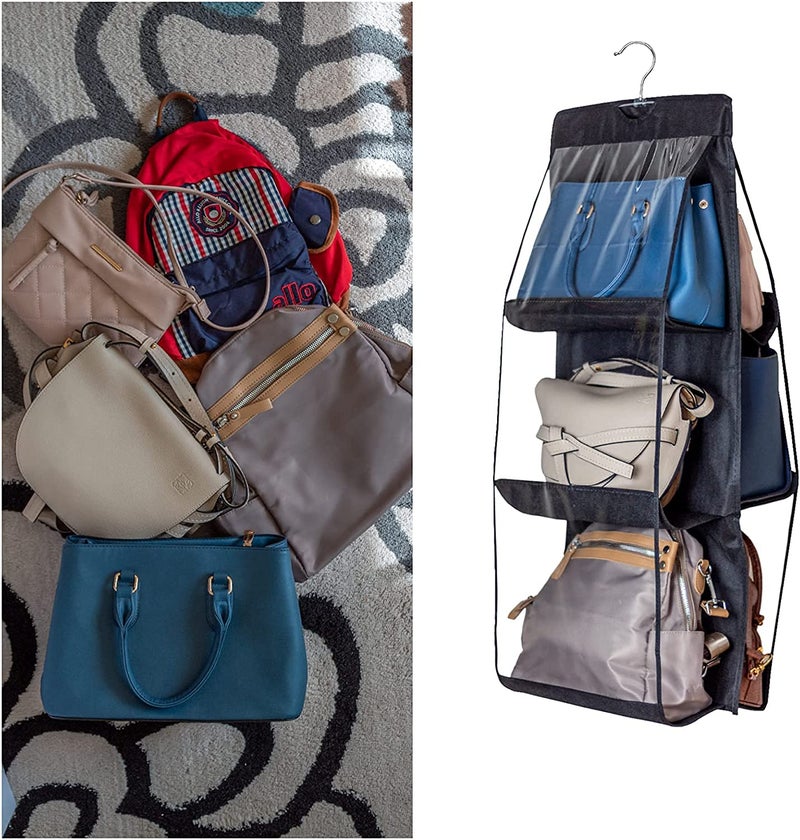 tgopit Purse Organizer Closet 1 Pack Purse Hanger Closet 6 Pockets Handbag Organizer for Closet Larger Pockets Purse Organizer for Closet Metal Hooks Purse Storage Organizer Pink - Image 3