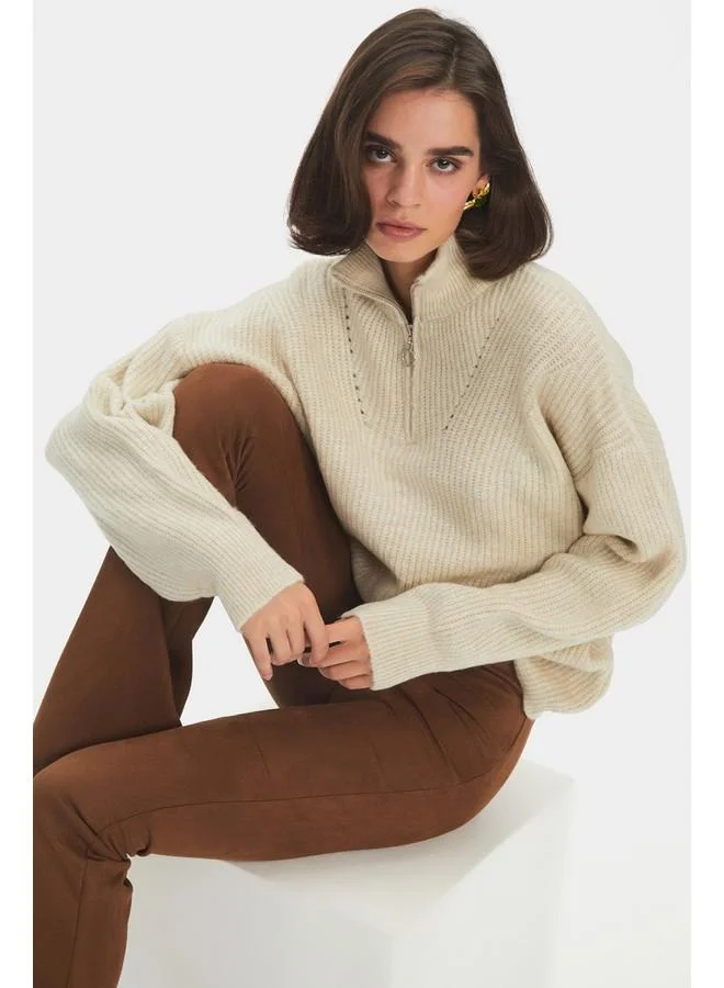 JUNE June Women Soft Texture Zippered Knitwear Sweater Mint