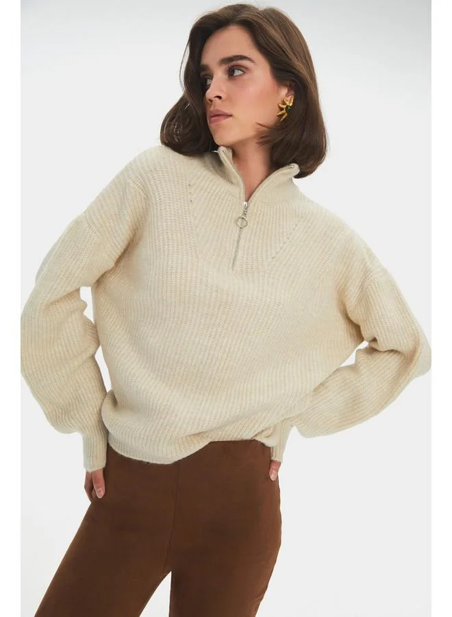 JUNE June Women Soft Texture Zippered Knitwear Sweater Mint