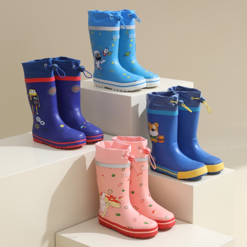 Cartoon Children'S Drawstring Rain Boots Rubber Mid-Tube Primary School Students' Rain Boots Boys And Girls Kindergarten Water Shoes Waterproof - Image 2