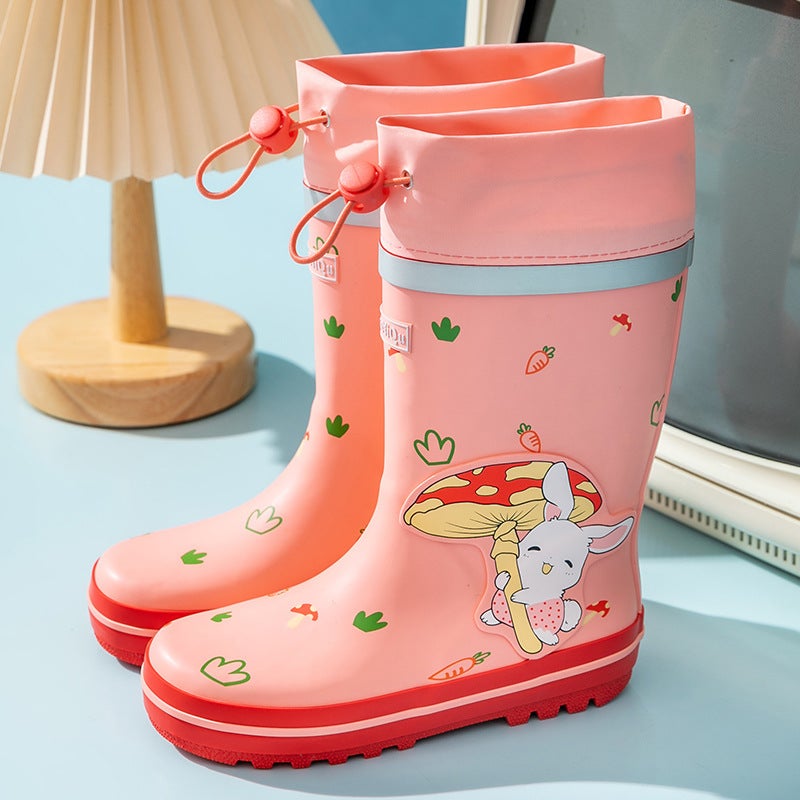 Cartoon Children'S Drawstring Rain Boots Rubber Mid-Tube Primary School Students' Rain Boots Boys And Girls Kindergarten Water Shoes Waterproof - Image 1