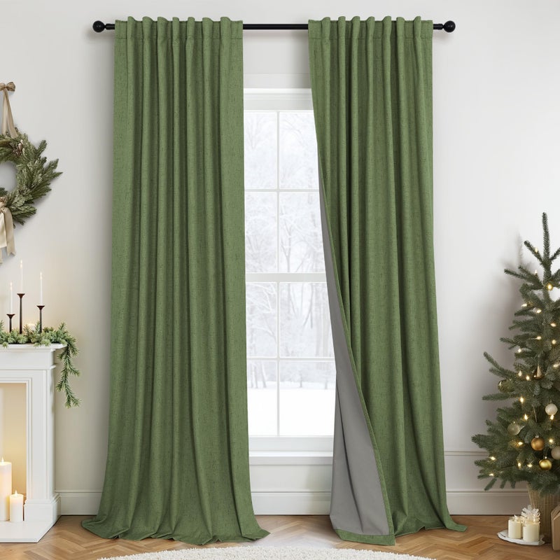 Pitalk Olive Green Blackout Curtains for Bedroom 96 Inches Long Floor Length 2 Panel Vintage Earth Tone Earthy Academia Dark Out Curtain for Sliding Doors Living Room Darkening Thermal Linen Drape Army Green - Image 1